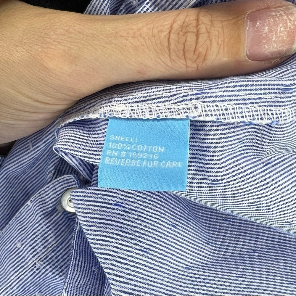 J.McLaughlin Womens Blue White Pinstripe Dotted Cotton Blouse Split Neck Size M - Picture 5 of 6